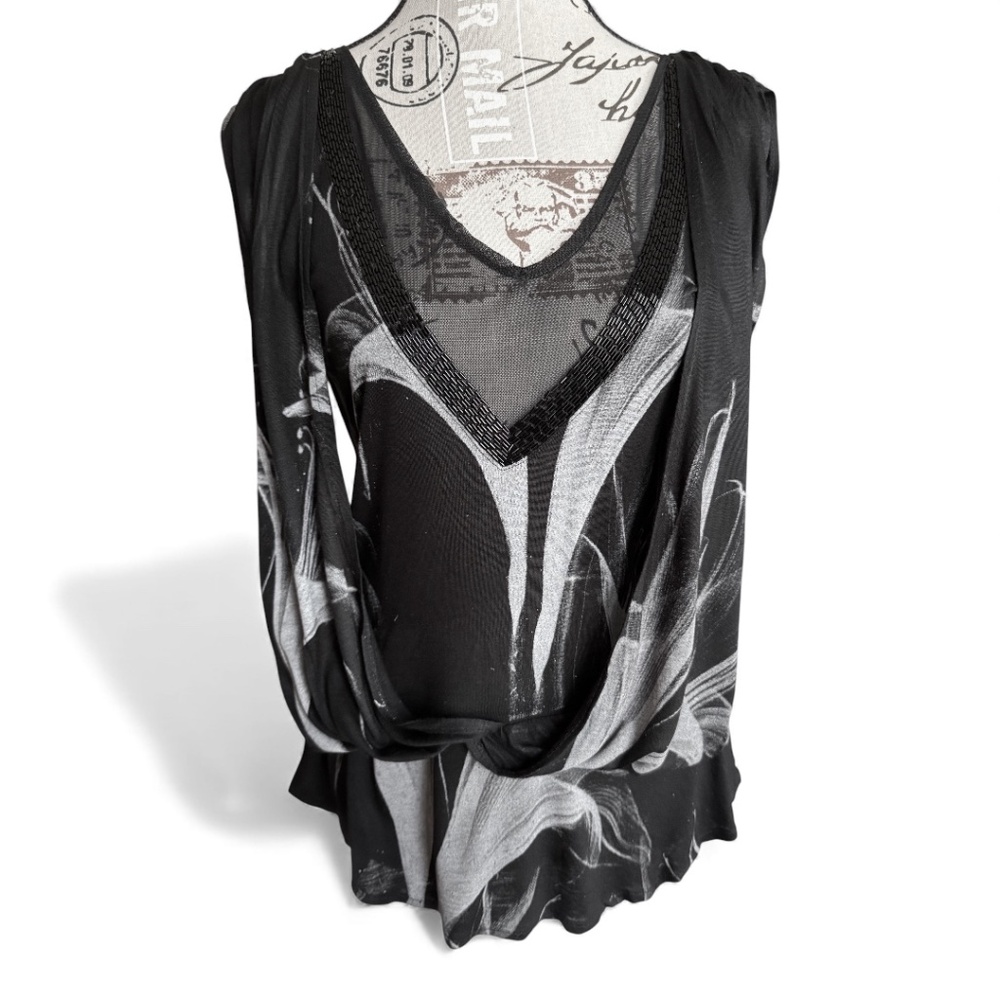 RELIGION London Draped Beaded Graphic Top – Size M